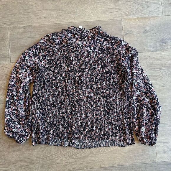 TopShop Women’s Floral Print Pleated Long Sleeve Blouse Black Size 8 - Picture 1 of 5
